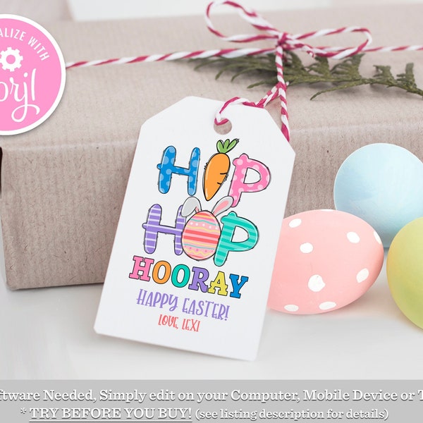 Editable Easter Tag, Hip Hop Hooray Favor Tags Easter Egg Bunny Favor Gift Tag, Easter Basket Tags, Printable School Cookie Easter Tag