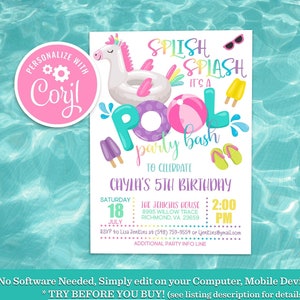 Unicorn Pool Party Geburtstagseinladung: Bearbeitbares Mädchen Splash Bash (Digitale Vorlage)