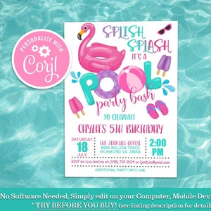 Flamingo Pool Party Invitation, Girl Flamingo Pool Party Birthday Invitation Flamingo Pool Float Invite Editable Instant Download Template