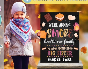 Big Sister Pregnancy Announcement Sign: Adding S'more Love (Editable Digital File)