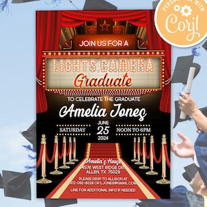 以下が含まれることがあります： 映画館の看板に「Lights, Camera, Graduate」と書かれた、赤と黒の卒業パーティーの招待状。アメリア・ジョーンズへの招待状で、パーティーの日時と場所が記載されています。