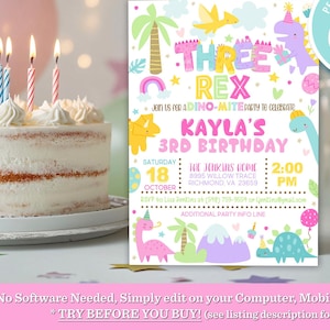 Editable Three Rex Dinosaur 3rd Birthday Party Invitation Pink T-Rex 3rd Birthday Cute Dinosaur  Printable Instant Download Template DN1