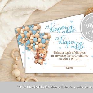 Carte de tirage au sort de couches avec ours en peluche et ballon à air chaud pour baby shower, nous pouvons attendre patiemment apporter des couches, carte de demande imprimable en téléchargement immédiat