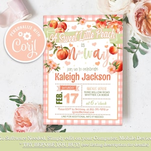 Editable Peach Baby Shower Invitation, Sweet Little Peach is on the Way Peach Floral Girl Baby Shower Printable Instant Download Invite