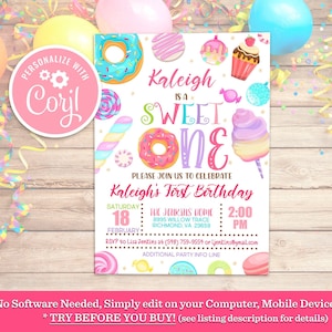 Sweet One verjaardagsuitnodiging: pastel snoep thema (bewerkbare digitale download)
