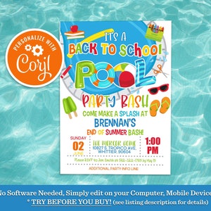 Back to School Pool Party Invitation End of Summer Goodbye Summer Hello School Back to School Party Bash Invite Instant Printable Download