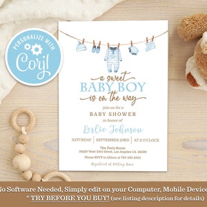 Bearbeitbare Junge-Babyparty-Einladung, Boho-Baby-Kleidung einladen Ein süßer Babyjunge ist auf dem Weg Wäsche Blaue Wäscheleine Printable Download