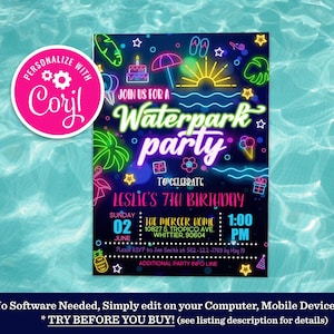 Editable Glow Neon Water Park Birthday Party Invitation Aquapark Summer Water Slide Splash Pad Water Park Birthday Party Instant Download