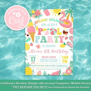 Tropical Pool Party Invitation: Splish Splash Summer Birthday (Digital Download 5x7&quot; )