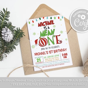 Può includere: Un invito di compleanno a tema natalizio per un bambino di nome Michael. L'invito presenta un ornamento rosso e bianco con un cappello di Babbo Natale e il testo "Michael is a Mean One". L'invito include i dettagli per la festa, tra cui la data, l'ora e il luogo.