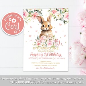 Bunny 1st Birthday Invitation: Pink Floral Garden (Editable Digital Download)