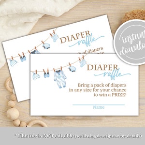 Stendibiancheria per bambini Boho Blue Sweet Baby Boy Pannolini Raffle Card Tema Baby Shower Biglietto per lotteria pannolini Baby Shower Download istantaneo