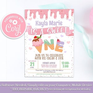 Editable Ice Cream Birthday Invitation: Sweet ONE, Pastel Colors (Digital Download)