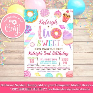 Editable Two Sweet Birthday Invitation 2nd Birthday Girl Candy Sweet Donut Invitation Blush Pink Two Year Dessert Invite Download Printable