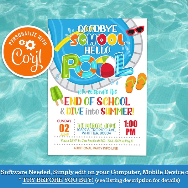 Editable End of School Pool Party Invitation, End of School Goodbye Sschool Hello Summer End of Year Party Bash Invite Printable Download