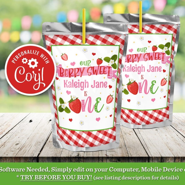 Strawberry Capri Sun Labels Berry First Birthday Party Juice Pouch Labels 1st Summer Berry Sweet Birthday Editable Printable Download ONE