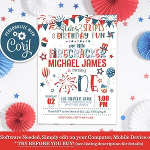 Firecracker 1st Birthday Invitation: Patriotic Stars & Stripes (Editable)