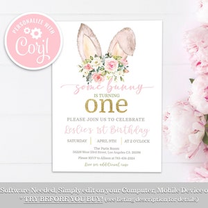 Bunny Birthday Invitation: Pink Floral Rabbit Party (Editable, Digital Download)