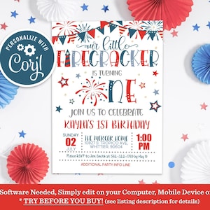 Our Little Firecracker Birthday Invite, Editable 4th of July 1st Birthday Invitation Red White and Blue Firecracker Patriotic Stars Stripes