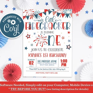 Our Little Firecracker Birthday Invite, Editable 4th of July 1st Birthday Invitation Red White and Blue Firecracker Patriotic Stars Stripes