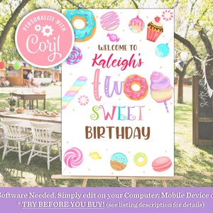 Editable Two Sweet Birthday Welcome Sign, 2nd Birthday Welcome Poster Dessert sign Girl Sweet Celebration Ice Cream Candy Donut Download 2