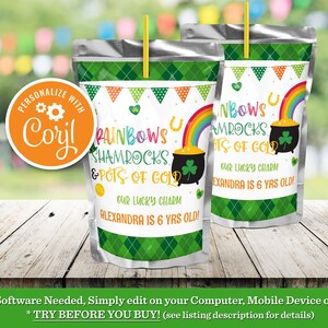 St Patricks Day Capri Sun Label: Rainbows, Shamrocks (Editable Template)