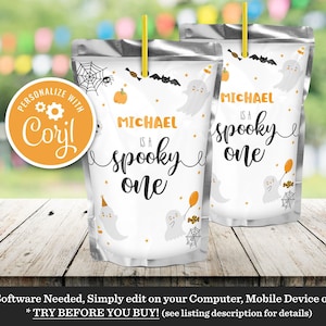 Editable Spooky One Halloween Birthday Party Juice Pouch Label, Ghost Boy Girl Spooky One Spooktacular Party Decor Instant Download Template