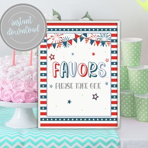Favors Sign, Our Little Firecracker, 4th of July 1st First Birthday Red White and Blue Firecracker Patriotic Stars Stripes Decor Decoration