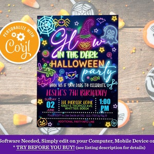 Editable Glow In The Dark Halloween Spooky Party Invitation Neon Halloween Party Invitation Glow Halloween Spooktacular Party Download
