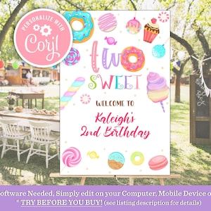 Editable Two Sweet Birthday Welcome Sign 2nd Birthday Welcome Poster Dessert sign Girl Sweet Celebration Ice Cream Candy Donut Download
