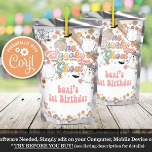 Editable Pink Girl Groovy Ghost Halloween Birthday Party Juice Pouch Labels Ghost One Spooky Ghoul Spooktacular Party Decor Instant Download