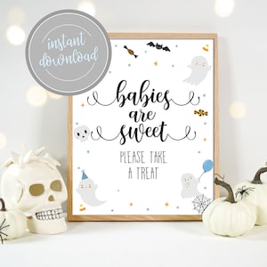 Ghost Spooky Babies Are Sweet Take A Treat Sign Halloween Blue Boy Cute Baby Shower A Little Boo Is Due Decor Instant Download Printable