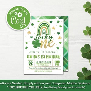 Pu&ograve; includere: Un invito stampabile verde e oro per un primo compleanno. L'invito presenta un arcobaleno con trifogli e il testo "Lucky One". L'invito include anche la data, l'ora e il luogo della festa.