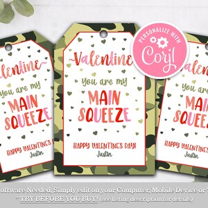 Editable Camo Main Squeeze Valentine Tag Valentine Happy Valentine's Day Classroom School Gift Tags Favor Printable Instant Download VDY image 1