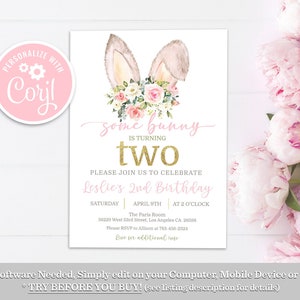 Some Bunny Turning Two Invitation: Pink Floral Rabbit, Editable Digital Invite (PDF)