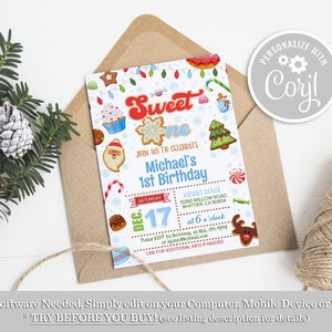 Christmas 1st Birthday Invitation: Sweet One, Blue Candy (Editable, Instant Download)