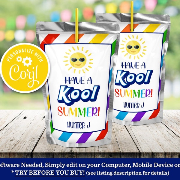 Have a Kool Summer, Cool Summer, Last Day of School, Editable Printable Teacher Summer Gift End of School Juice Pouch Sun Rainbow Sticker