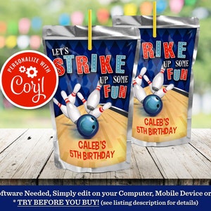 Plantilla de etiqueta para Capri Sun de cumpleaños con temática de bolos (editable)
