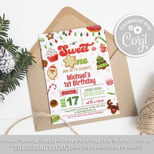 Christmas 1st Birthday Invitation: Sweet One Candy Theme (Editable, Instant Download)