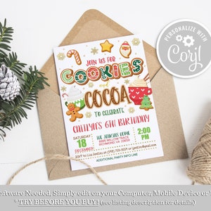 Cookies and Cocoa Invitation Hot Cocoa Chocolate Holiday Christmas Birthday Party Invitation Editable Printable Instant Download Template