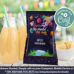 May include: A personalised party favour bag with a space theme. The bag features a rocket, planets, and an astronaut. The text on the bag reads "Fourth trip around the sun Kayla's Fourth Birthday". The bag is teal with white text and a white gear icon. The text "Personalize with Coril" is on a teal circle.