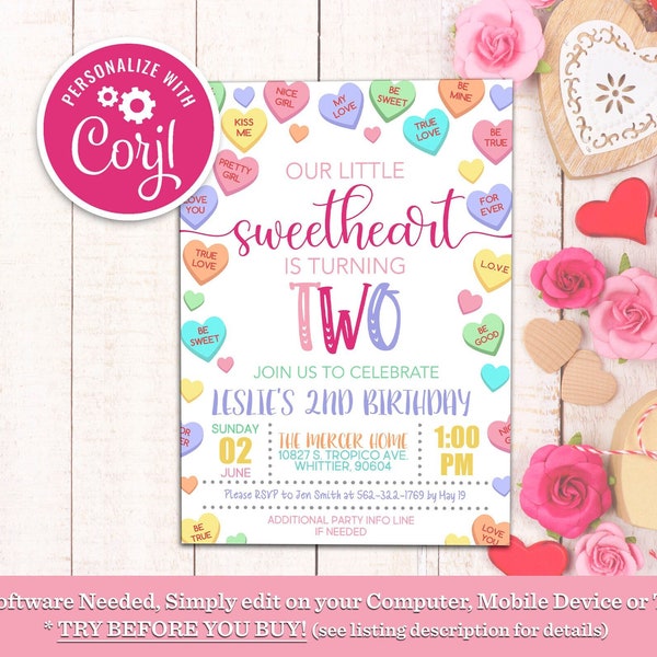 Editable Conversation Hearts Any Birthday Invitation Valentines Day Sweetheart Birthday Party Invite Template Printable Instant Download