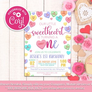 Convite de 1º aniversário editável com corações de conversação Modelo de convite de 1º aniversário para o dia dos namorados para impressão Download instantâneo