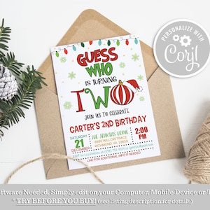 Puede incluir: Una invitaci&oacute;n de cumplea&ntilde;os con tem&aacute;tica navide&ntilde;a para un ni&ntilde;o que cumple dos a&ntilde;os. La invitaci&oacute;n presenta un adorno rojo y blanco con un gorro de Pap&aacute; Noel, luces verdes y rojas, y el texto "Adivina qui&eacute;n cumple dos a&ntilde;os". La invitaci&oacute;n est&aacute; personalizada con el nombre "Cori".
