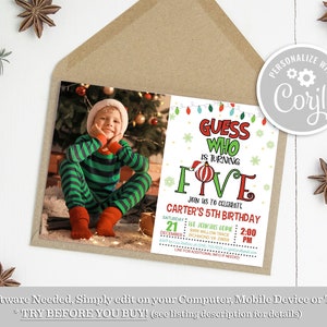 Op de afbeelding: Een kerstthema-verjaardagsuitnodiging met een foto van een jonge jongen in een groen-wit gestreept shirt. De uitnodiging luidt "Raad wie vijf wordt" en bevat details voor Carters 5e verjaardagspartij.
