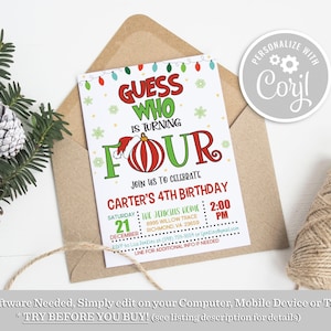 Guess Who is Turning Four Invitation, Christmas Birthday Invitation, Christmas Guess Who 4th Four Birthday Invitation Template Download GP6