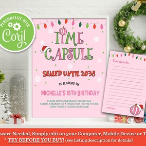 Puede incluir: Se&ntilde;al rosa imprimible de c&aacute;psula del tiempo con tem&aacute;tica navide&ntilde;a. La se&ntilde;al dice "C&aacute;psula del tiempo sellada hasta 2038 Para abrir en el cumplea&ntilde;os n&uacute;mero 18 de Michelle". Incluye instrucciones para escribir un mensaje para Michelle, un deseo, un recuerdo o una predicci&oacute;n para su futuro. La se&ntilde;al tambi&eacute;n incluye una tarjeta rosa en blanco con el texto "Querida Michelle" y "con amor".