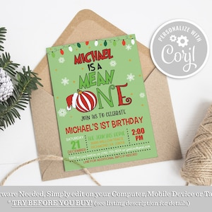 Christmas Mean One 1st First Birthday Invitation, Editable Printable Instant Digital Download Invite Template GP6