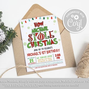 Stole Christmas Birthday Invitation: Editable Template (Digital Download) GP6
