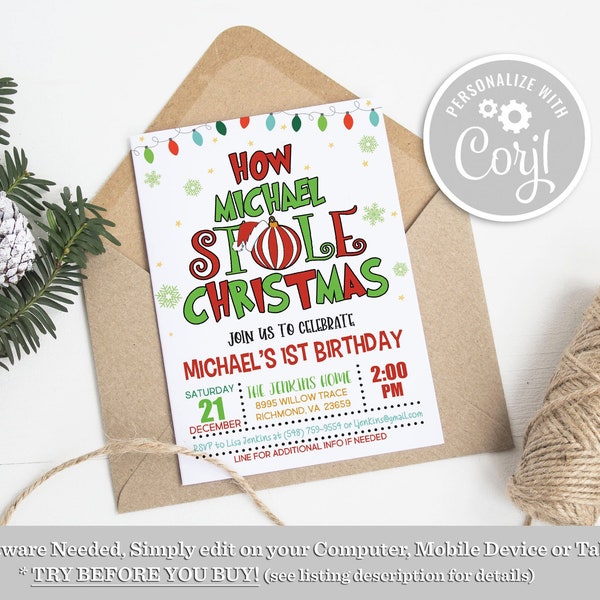 Stola Weihnachtsgeburtstagseinladung: Bearbeitbare Vorlage (Digital Download) DP6